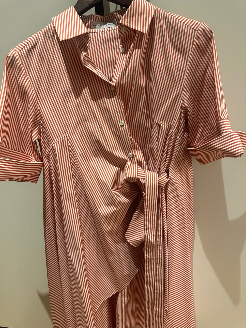 Palmer//harding Cotton Poplin Red Striped Button-Front Asymmetric Shirt - Picture 3 of 6